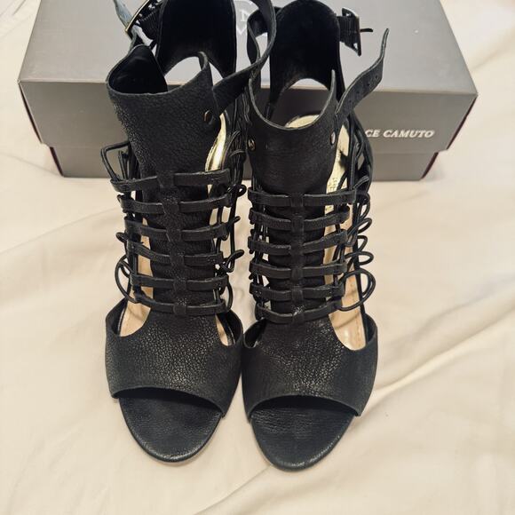 VINCE CAMUTO Formal Shoes Black Leather Caged Heels strappy sz 6.5 Fossel - Picture 2 of 8